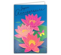 69-8104 Happy Birthday Card with Envelope 12 x 17.5 cm - Illustration Flowers Water Lilies Roses Blue Water Lotus Butterfly - Real Neon Inks - Created and Made in France