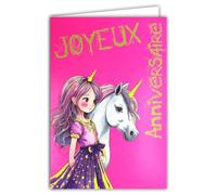 69-8117 Neon Card Happy Birthday Girl with Envelope 12 x 17.5 cm - Unicorn Illustration Youth Style Manga Style Horse White Pony - Real Pink Yellow Fluorescent Inks - Created and Made in France