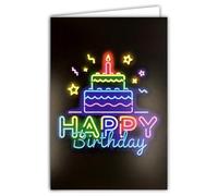 69-8120 Neon Happy Birthday Card with Envelope 12 x 17.5 cm - Birthday Cake Lit Candle Stars White Interior for Writing - Real Neon Inks - Created and Made in France