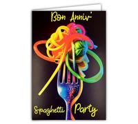 69-8122 Neon Text Card Happy Birthday Spaghetti Pasta Party with Envelope 12 x 17.5 cm - Italian Kitchen White Interior for Writing - Real Fluorescent Inks - Created and Made in France