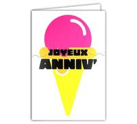 69-8133 Happy Birthday Pink Ice Cream Cone Card with Envelope 12 x 17.5 cm - White Interior for Writing - Real Fluorescent Inks - Created and Made in France