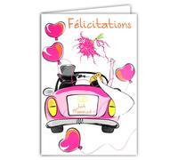 69-8140 Just Married Bride and Groom Car Congratulations Card Couple Man Woman Balloons Hearts Bouquet with Envelope 12 x 17.5 cm White Interior Fluorescent Inks Created and Made in France
