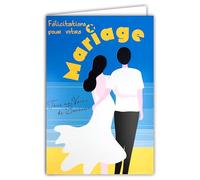 69-8141 Congratulations on Your Wedding Card - All Our Good Luck Couple Man Woman Beach of Sand Sea - With Envelope 12 x 17.5 cm - White Interior - Fluorescent Inks - Created and Made in France