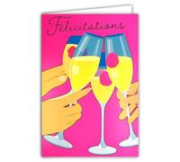 69-8142 Congratulations Card Champagne Flutes of Happiness Bubbles Love Friendship Best Wishes Toasting Health Pink Raspberry with Envelope 12 x 17.5 cm Fluorescent Inks Created and Made in France