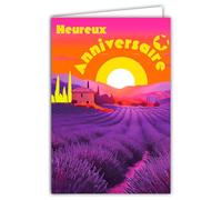 69-8157 Happy Birthday Fluorescent Postcard Pretty Fields of Lavender Beautiful Landscape of the South under the Lazy Sun Rest with White Envelope 12 x 17.5 cm Made in France
