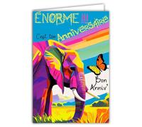 69-8163 Happy Birthday Card Elephant It's Huge Rainbow Butterfly Pop Art Multicoloured Animal Landscape Africa with White Envelope 12 x 17.5 cm Made in France