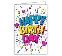 69-8169 Bright Rainbow Colourful Fluorescent Card with Pink Hearts and Yellow Stars - with White Envelope - 12 x 17.5 cm - Made in France