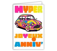 69-8171 Hyper Happy Birthday Car Car Collection Pop Art Street Art Bright Multi-Coloured Card with White Envelope 12 x 17.5 cm - Made in France