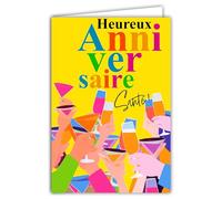 69-8180 Happy Birthday Health Card - Hands in the Air Toasting Flutes - Champagne Cocktails - Pop Art - with White Envelope - 12 x 17.5 cm - Made in France