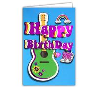 69-9025 Happy BirthDay Card for Young Teenagers + Envelope 12 x 17.5 cm Music Guitar Hippie Boho Rainbow Sneakers Rainbow Words Letters in Fuchsia Pink Glossy Creation Print Made in France