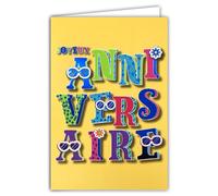 69-9027 Happy Birthday Card + Envelope 12 x 17.5 cm Flowers Sunglasses Carnival Hippies Boho 1960s Sixties Words Letters in Shiny Blue