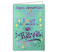 69-9054 Happy Birthday Card Everything Starts with a Dream in Colours Secret of Happiness Text Fuchsia Pink Shiny Stars Hearts + Envelope 12 x 17.5 cm - Creation Print Made in France