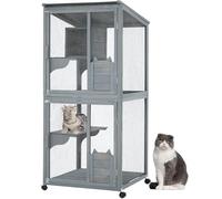 69 Inch 4 Tier Catio Outdoor Cat Enclosure with Weatherproof Roof and Lockable Caster - Large Indoor Catio with Wooden Cabin for Multi-Cat Families