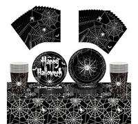 69 Pcs Halloween Party Tableware Set, Complete Halloween Decorations Kit with 1 Plastic Tablecloth, 16 Cups, 20 Napkins, 16x 7&9 Inch Plates for Scary Themed Parties, Spider Disposable Tableware Set