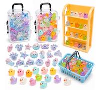 69 Pcs Mini Ocean Resin Animals and Glow in the Dark Ducks Set, Tiny Sea Animal Figurines with 2 Suitcase Boxes, Display Shelf and Basket for Fairy Garden, Dollhouse, Fish Tank Aquarium Decor