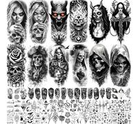 69 Sheets Halloween Skull Temporary Tattoos For Men Women Adults, Nun Skeleton Death Devil Demon Half Arm Sleeve Fake Tattoo Stickers, Bulk Temp Black Evil Spirit Vampire Ghost Tattoo Zombies Satan