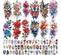 69 Sheets Watercolor 3D Rose Flowers Temporary Tattoos For Women Girls Adults, Long Lasting Peony Florals Fake Tattoo Stickers Dreamcatcher, Colorful Bulk Half Arm Sleeve Tattoo Butterfly Tiger