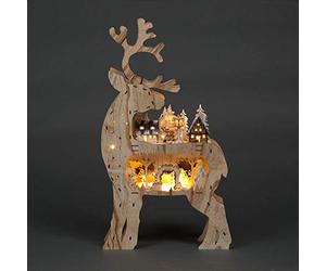 69cm Christmas Back Facing Reindeer Wooden Laser Cut Battery Operated Decorated with Village Scenery and Warm White LEDs Home Decorations