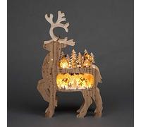 69cm Christmas Front Facing Reindeer Wooden Laser Cut Battery Operated Decorated with Village Scenery and Warm White LEDs Home Decorations