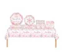 69P Christmas Snowflake Theme Party Tableware Plastic Table Cloth,Paper Plates,Napkins and Cups,Pink Snowflake Dinnerware Set for Winter Holiday Xmas Snowflake Frozen Party Table Decoration