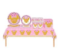 69P Pink and Gold Minnie Mouse Birthday Party Tableware Plastic Table Cloth,Paper Plates,Napkins and Cups Disposable Dinnerware Set for Girls Kids Baby Shower Minnie Theme Birthday Party Decorations