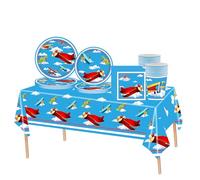 69Pcs Airplane Birthday Party Tableware Plastic Aircraft Table Cloth,Paper Plates,Napkins and Cups Blue Sky Dinnerware Set for Kids Boys Girls Birthday Airplane Party Supplies Decorations