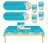69Pcs Beach Party Tableware Set,Ocean Waves Under The Sea Plastic Table Cloth Paper Plates Napkins and Cups Ocean Sea Dinnerware Set for Kids Birthday Hawaiian Summer Pool Beach Party Table Decoration