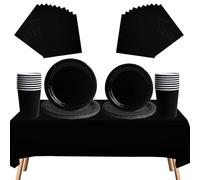 69pcs Black Disposable Tableware Set - 20 Napkins, 16 Cups, 16pcs 7inch and 9inch Plates, 1pcs Black Tablecloths | Biodegradable Dinnerware for Birthdays, Weddings, Kids Adult Christmas Party