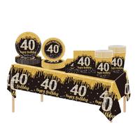69pcs Black Gold 40th Birthday Decorations - Happy 40th Tablecloth, Plates, Napkins, Cups - Him, Her Gifts