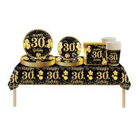 69pcs Black Gold Decorations for Men & Women - Tableware Set with Tablecloth, Paper Plates, Napkins, Serviettes, Cups for 30th Birthday Gifts