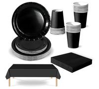 69Pcs Black Party Tableware Plastic Table Cloth Cover,Paper Plates,Napkins and Cups for Halloween Parties Supplies,Black Party Decorations Dinnerware Set for Kids Adults Birthday,Xmas Parties