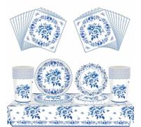 69Pcs Chinese Blue and White Theme Floral Party Tableware Set,Chinoiserie 7inch 9inch Plates and Napkins Cups Table Cloth Sets for Garden Party, Afternoon Tea, Baby Shower, Wedding,Birthday Decor