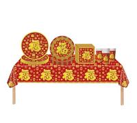 69Pcs Chinese New Year Party Tableware Set Red Blessing Plastic Table Cloth Paper Plates Napkins and Cups Happy 2025 Snake Year Supplies Dinnerware Spring Festival Decorations for Chinese New Year Eve