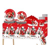 69Pcs Christmas Tableware Set - Plastic Table Cloth, Paper Plates, Napkins, Cups for Xmas Party Decorations, Nutcracker Ice Cream Dinnerware Set