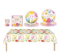 69Pcs Easter Party Tableware Set include Paper Plates,Napkins and Paper Cups Plastic Table Cloth, Pink Bunny Egg Dinnerware Set for Easter Party Table Decorations
