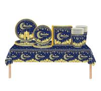 69Pcs Eid Party Tableware Plastic Ramadan Kareem Table Cloth,Paper Plates,Napkins and Cups,Blue Gold Moon Stars Dinnerware Set for Home Eid Ramadan Mubarak Islam Muslim Party Decorations
