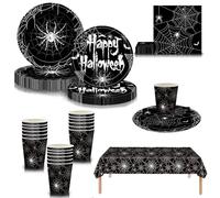 69Pcs Halloween Party Tableware Halloween Plastic Table Cloth,Paper Plates,Napkins Serviette and Cups,Spooky Spider Black Dinnerware Set for Hallo-ween Party Supplier Table Decoration