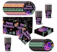 69pcs Halloween Party Tableware Neon Pumpkin Disposable Dinnerware Set,Purple Halloween Tableware Decor Plastic Tablecloth,Paper Plates Napkins and Cups for 16 Guest Halloweens Party Table Decorations