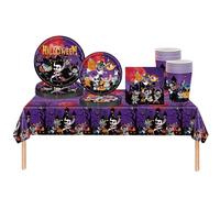 69pcs Halloween Party Tableware Plastic Tablecloth,Paper Plates Napkins Serviettes and Cups,Pumpkin Purple Dinnerware Set for Kids Halloween Party Table Decorations