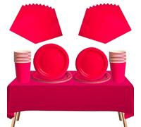 69pcs Hot Pink Disposable Tableware Set - 20 Napkins, 16 Cups, 16pcs 7inch and 9inch Plates, 1pcs Rose Red Tablecloths | Biodegradable Dinnerware for Birthdays, Weddings, Kids Adult Christmas Party