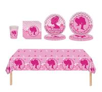 69Pcs Hot Pink Party Tableware Set,Plastic Bar-bie Tablecloth,Hot Pink Paper Plates Napkins and Cups for Bar-bie Party Table Decorations,Disposable Dinnerware Set for Girls Birthday Party Supplies