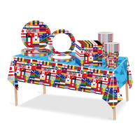 69pcs International Party Tableware Plastic Table Cloth,Paper Plates Napkins Serviettes and Cups,World Country Flags Dinnerware for International Feast,Football European Sports Event Party Decorations