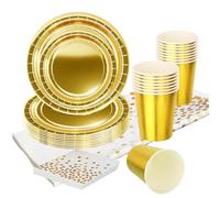 69pcs Metallic Gold Tableware,Foil Golden Party Dinnerware Shiny Metallic Gold Paper Plates Cups Napkins and Tablecloth Kit for Her Him Birthday Party Supplies Table Decorations