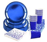 69pcs Metallic Royal Blue Party Tableware,Foil Royal Blue Paper Plates Cups Dot Napkins and Tablecloth Kit,Shiny Dark-Blue Paper Dinnerware for Christmas Birthday Party Supplies Table Decorations