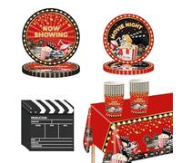 69Pcs Movie Night Party Tableware Decorations Snack Dinnerwares Set Table Cloth,Paper Plates,Napkins and Cups for Birthday Hollywood Movie Themed Party Supplies