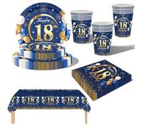 69Pcs Navy Blue Gold 18th Birthday Party Tableware, Blue 18th Birthday Tableware Set with Paper Plates,Napkins Serviette,18th Table Cloth,Paper Cups for Women Men Birthday Party Table Decorations