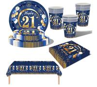 69Pcs Navy Blue Gold 21st Birthday Party Tableware, Blue 21st Birthday Tableware Set with Paper Plates,Napkins Serviette,1P 21st Table Cloth,Paper Cups for Women Men Birthday Party Table Decorations