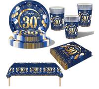 69Pcs Navy Blue Gold 30th Birthday Party Tableware, Blue 30th Birthday Tableware Set with Paper Plates, Napkins Serviette,30th Table Cloth,Paper Cups for Women Men Birthday Party Table Decorations