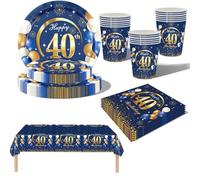 69Pcs Navy Blue Gold 40th Birthday Party Tableware, Blue 40th Birthday Tableware Set with Paper Plates,Napkins Serviette,40th Table Cloth,Paper Cups for Women Men Birthday Party Table Decorations