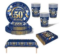 69Pcs Navy Blue Gold 50th Birthday Party Tableware,Blue 50th Birthday Tableware Set with Paper Plates and Napkins Serviette,Paper Cups,Plastic Table Cloth for Women Men Birthday Party Table Decoration